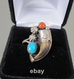 Vtg. Native American Navajo Sterling Turquoise Coral Claw Ring Signed BH
