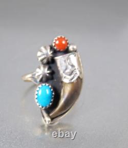 Vtg. Native American Navajo Sterling Turquoise Coral Claw Ring Signed BH