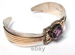 Vtg Native American Navajo Toadlena Amethyst Sterling Silver Gold Cuff Bracelet