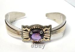 Vtg Native American Navajo Toadlena Amethyst Sterling Silver Gold Cuff Bracelet
