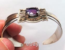 Vtg Native American Navajo Toadlena Amethyst Sterling Silver Gold Cuff Bracelet
