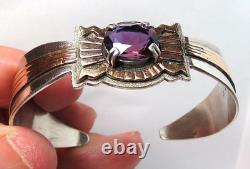 Vtg Native American Navajo Toadlena Amethyst Sterling Silver Gold Cuff Bracelet