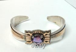 Vtg Native American Navajo Toadlena Amethyst Sterling Silver Gold Cuff Bracelet
