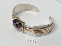 Vtg Native American Navajo Toadlena Amethyst Sterling Silver Gold Cuff Bracelet