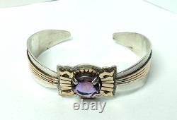 Vtg Native American Navajo Toadlena Amethyst Sterling Silver Gold Cuff Bracelet