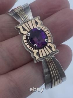 Vtg Native American Navajo Toadlena Amethyst Sterling Silver Gold Cuff Bracelet