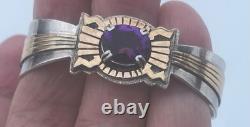 Vtg Native American Navajo Toadlena Amethyst Sterling Silver Gold Cuff Bracelet