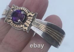 Vtg Native American Navajo Toadlena Amethyst Sterling Silver Gold Cuff Bracelet