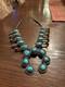 Vtg Native American Turquoise & Sterling Silver Squash Blossom Necklace