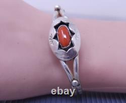 Vtg Navajo Native American Sterling Silver Red Coral Cuff Bracelet