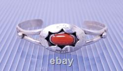 Vtg Navajo Native American Sterling Silver Red Coral Cuff Bracelet
