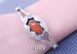 Vtg Navajo Native American Sterling Silver Red Coral Cuff Bracelet