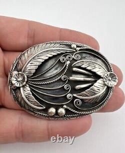 Vtg Navajo Sterling Silver 3D Stamped Feather Leaf & Flower Belt Buckle 2.5