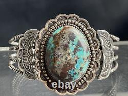 Vtg Old Pawn Navajo Detailed Turquoise Sterling Silver Cuff Bracelet 48g