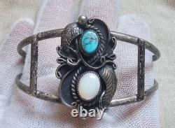 Vtg Signed Navajo Sterling Silver 925 MOP & Turquoise Cuff Bracelet 7