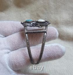 Vtg Signed Navajo Sterling Silver 925 MOP & Turquoise Cuff Bracelet 7
