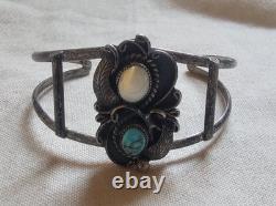 Vtg Signed Navajo Sterling Silver 925 MOP & Turquoise Cuff Bracelet 7