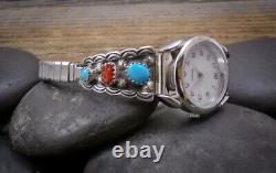Women's Native American Navajo Sterling Silver Turquoise Coral Watch