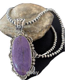 XL Navajo Pearls Native American Sterling Silver Charoite Necklace Pendant 1279