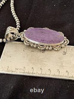 XL Navajo Pearls Native American Sterling Silver Charoite Necklace Pendant 1279