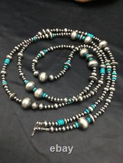 48in Long Navajo Pearls Native American Sterling Silver Collier Turquoise 3098
