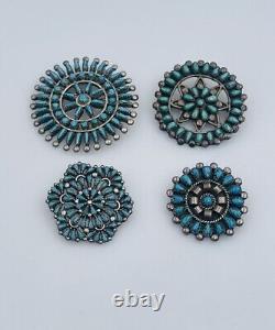 4 Broches rondes en argent sterling bleu turquoise Navajo Native American vintage