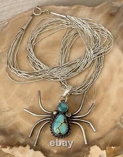 Amazing Vtg Native American Liquid 925 Silver Turquoise Collier Pendentif D'araignée
