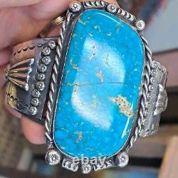 Amérindien Navajo en argent sterling avec énorme bracelet en turquoise taille 8