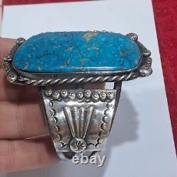 Amérindien Navajo en argent sterling avec énorme bracelet en turquoise taille 8