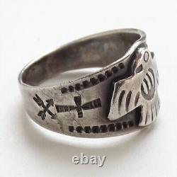 Ancienne bague navajo Thunderbird de l'ère Fred Harvey, taille 7,75, décorée de bande de cigare 925