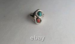 Ancienne bague serpent en argent sterling avec corail et turquoise taille 9,5