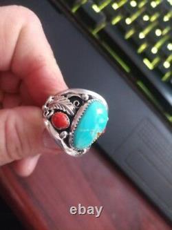 Argent Sterling Azsleeping Beauty Turquoise Coral Anneau Homme Navajo Grande Taille