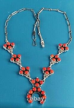 Argent Sterling Native American Red Coral Petitept Squash Blossom Collier 45g T