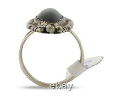 Bague Navajo 925 Argent Onyx Estampée à la Main Artiste Amérindien C. Années 80