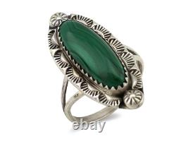 Bague Navajo en argent 925 avec malachite naturelle, artiste amérindien signée H C. années 80