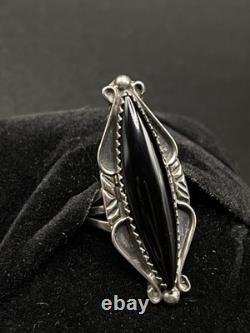 Bague VTG Navajo Amérindienne Signée E Onyx Noir Solitaire Argent 5.5