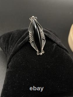 Bague VTG Navajo Amérindienne Signée E Onyx Noir Solitaire Argent 5.5