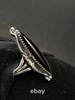 Bague VTG Navajo Amérindienne Signée E Onyx Noir Solitaire Argent 5.5