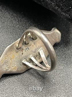 Bague VTG Navajo Amérindienne Signée E Onyx Noir Solitaire Argent 5.5