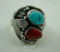Bague aigle en turquoise et corail signée FC Navajo taille 10.5