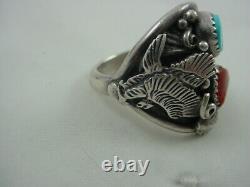 Bague aigle en turquoise et corail signée FC Navajo taille 10.5