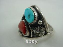 Bague aigle en turquoise et corail signée FC Navajo taille 10.5