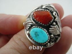 Bague aigle en turquoise et corail signée FC Navajo taille 10.5