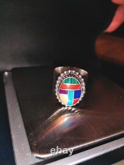 Bague amérindienne Navajo Zuni en argent sterling turquoise multicolore