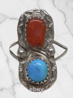 Bague amérindienne Navajo en argent sterling avec turquoise et corail