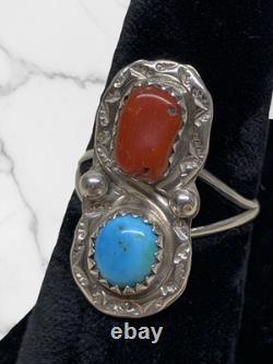 Bague amérindienne Navajo en argent sterling avec turquoise et corail