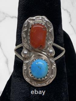 Bague amérindienne Navajo en argent sterling avec turquoise et corail