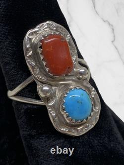 Bague amérindienne Navajo en argent sterling avec turquoise et corail