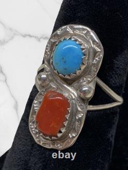 Bague amérindienne Navajo en argent sterling avec turquoise et corail