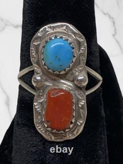 Bague amérindienne Navajo en argent sterling avec turquoise et corail